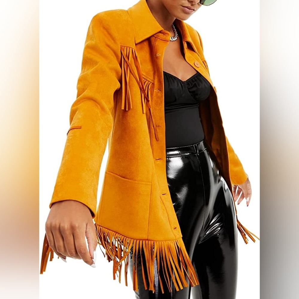 NWT Danielle Bernstein Faux Suede Boho Fringe Jacket in Inca Gold